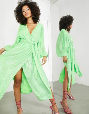 ASOS EDITION - Midi-Wickelkleid in Limettengrün mit Strasspailletten und Blousonärmeln