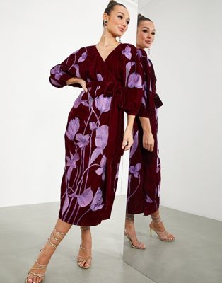 ASOS EDITION midi wrap dress in velvet with floral embroidery in oxblood