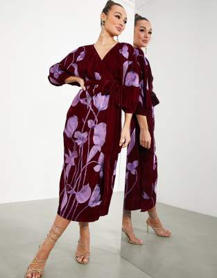 ASOS EDITION midi wrap dress in velvet with floral embroidery in oxblood