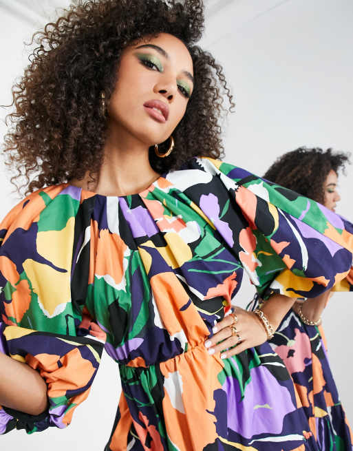 ASOS EDITION - Midikjole i abstrakt print med voluminøse ærmer og udskæring bagpå, 4 af 4