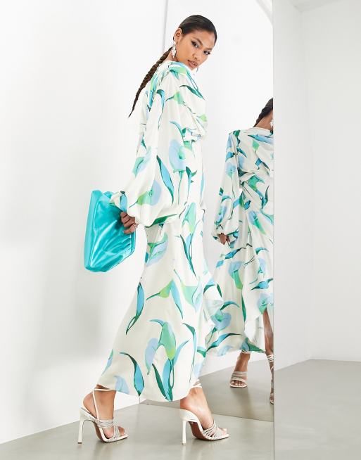 ASOS EDITION - Midikjole med store blouson-ærmer og blåt blomstermønster i satin, 2 af 4