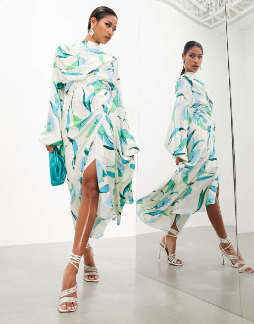 ASOS EDITION - Midikjole med store blouson-ærmer og blåt blomstermønster i satin, 4 af 4