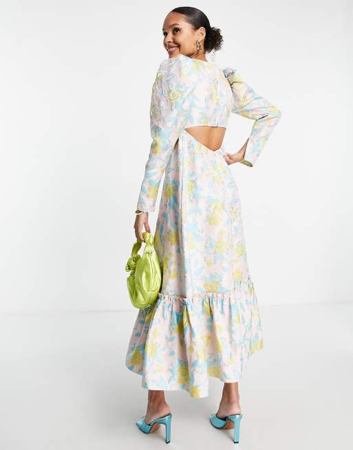 ASOS EDITION - Midikjole med talje og plisseringer på brystet i blomstret jacquard, 2 af 4