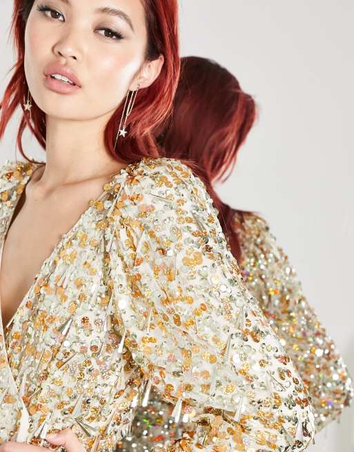 ASOS Edition – Midiklänning med guldfärgade skiv- och teardrop-paljetter och omlottdesign, 3 av 4