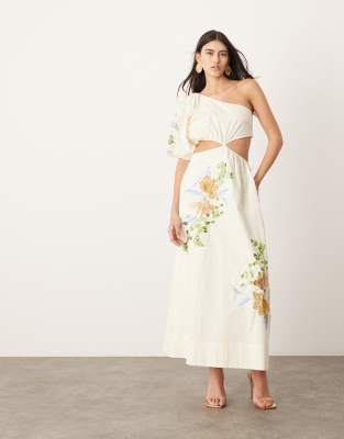 ASOS EDITION - Midikleid in Creme mit floralen Stickereien, One-Shoulder-Träger und Puffärmel-Weiß