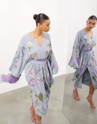 BAIGRAM Damen Crop Top Y2K - Blumenstickerei Mit Flügelärmeln