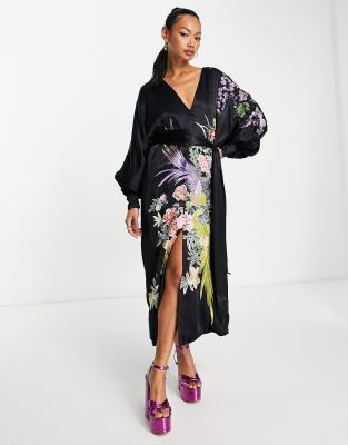 ASOS EDITION - Midikleid in Schwarz mit auffälligem Blumen- und Phönix-Muster und V-Ausschnitt