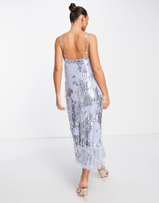 ASOS EDITION – Midikleid in Violett mit Blumenmuster, Pailletten, Perlen und Kunstfedern am Saum, 3 von 4