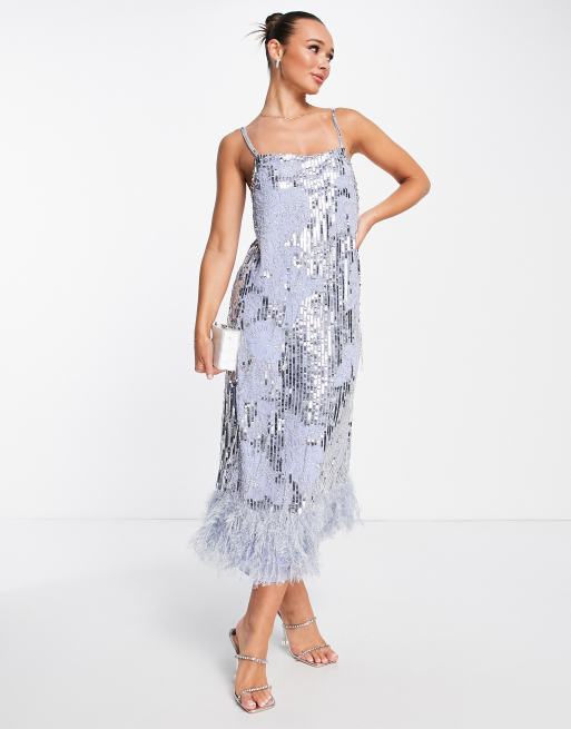 ASOS EDITION – Midikleid in Violett mit Blumenmuster, Pailletten, Perlen und Kunstfedern am Saum, 4 von 4