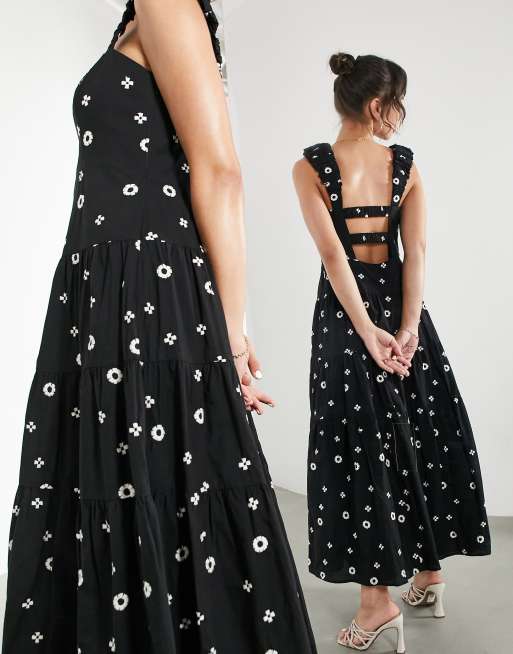 ASOS EDITION – Midikleid mit aufgestickten Gänseblümchen & gerüschten Trägern in Schwarz