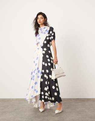 ASOS EDITION - Midikleid mit gepunktetem Farbblockdesign, asymmetrischem Saum und Wasserfallausschnitt-Bunt