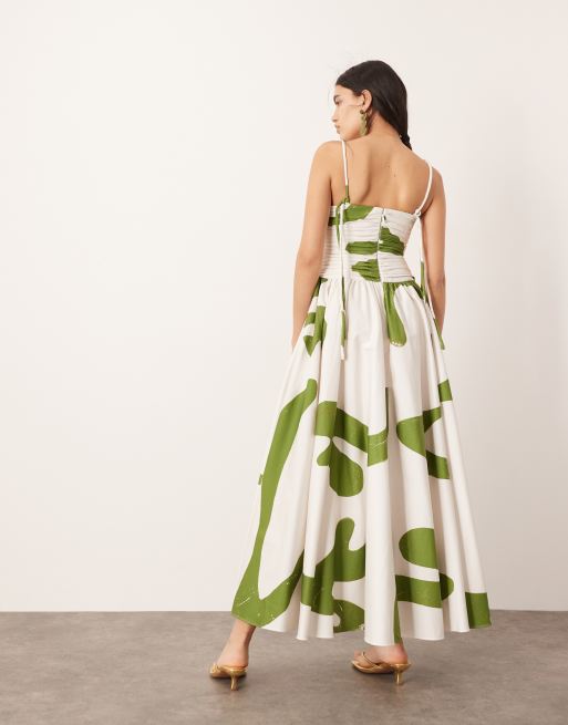 ASOS EDITION – Midikleid mit gerafftem Oberteil, tief angesetzter Taille und abstraktem Muster, 3 von 4