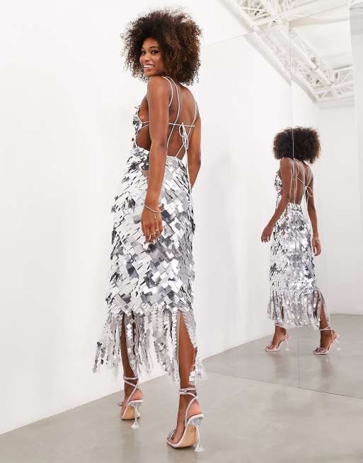 ASOS EDITION Midikleid mit quadratischem Paillettenbesatz in Silber ASOS