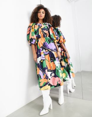 ASOS EDITION - Midikleid mit voluminösen Ärmeln, Zierausschnitt am Rücken und abstraktem Muster-Bunt