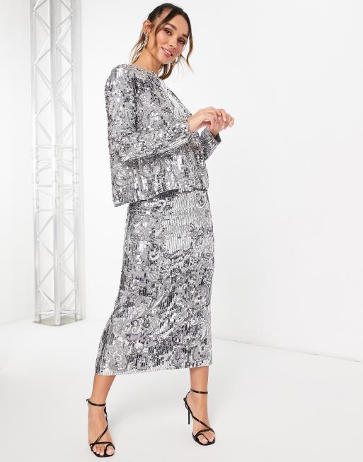 ASOS EDITION - Midinederdel i spejl-pailletter med kattedesign