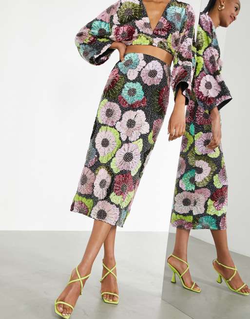 ASOS EDITION – Midirock mit großem Blumenmuster aus Perlen und Pailletten, Kombiteil
