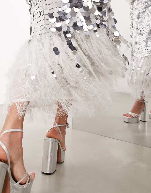 ASOS EDITION – Midirock mit Pailletten und Kunstfedersaum in Weiß, 3 von 4