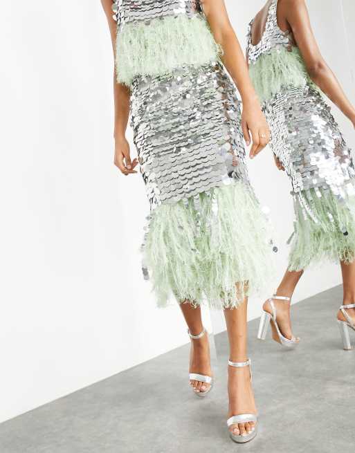 ASOS EDITION - Midirok met lovertjes en zoom met imitatieveren in zilver en groen