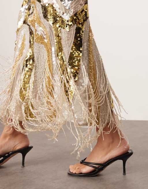ASOS EDITION - Midirok met versiering en franje in goud, 5 van 5