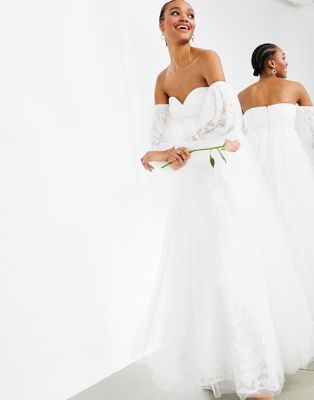 Asos Design Mila Off Shoulder Embroidered Mesh Wedding Dress-white