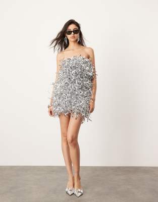 ASOS EDITION - Mini-Bandeau-Kleid mit Paillettenfransen in Silber