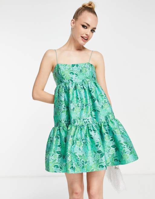 ASOS EDITION - Mini cami-jurk met A-lijn en empiretaille in groen gebloemd jacquard, 3 van 4
