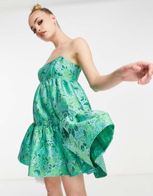 ASOS EDITION - Mini cami-jurk met A-lijn en empiretaille in groen gebloemd jacquard, 4 van 4