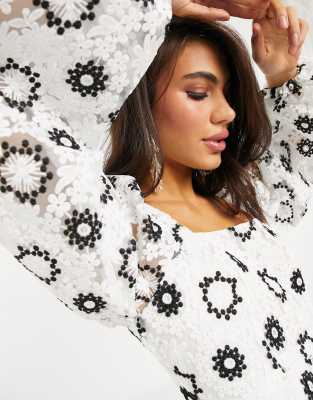 ASOS EDITION mini dress in mono embroidered organza with blouson sleeve |  ASOS