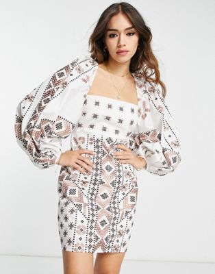 ASOS EDITION mini dress with mosaic embroidery in white