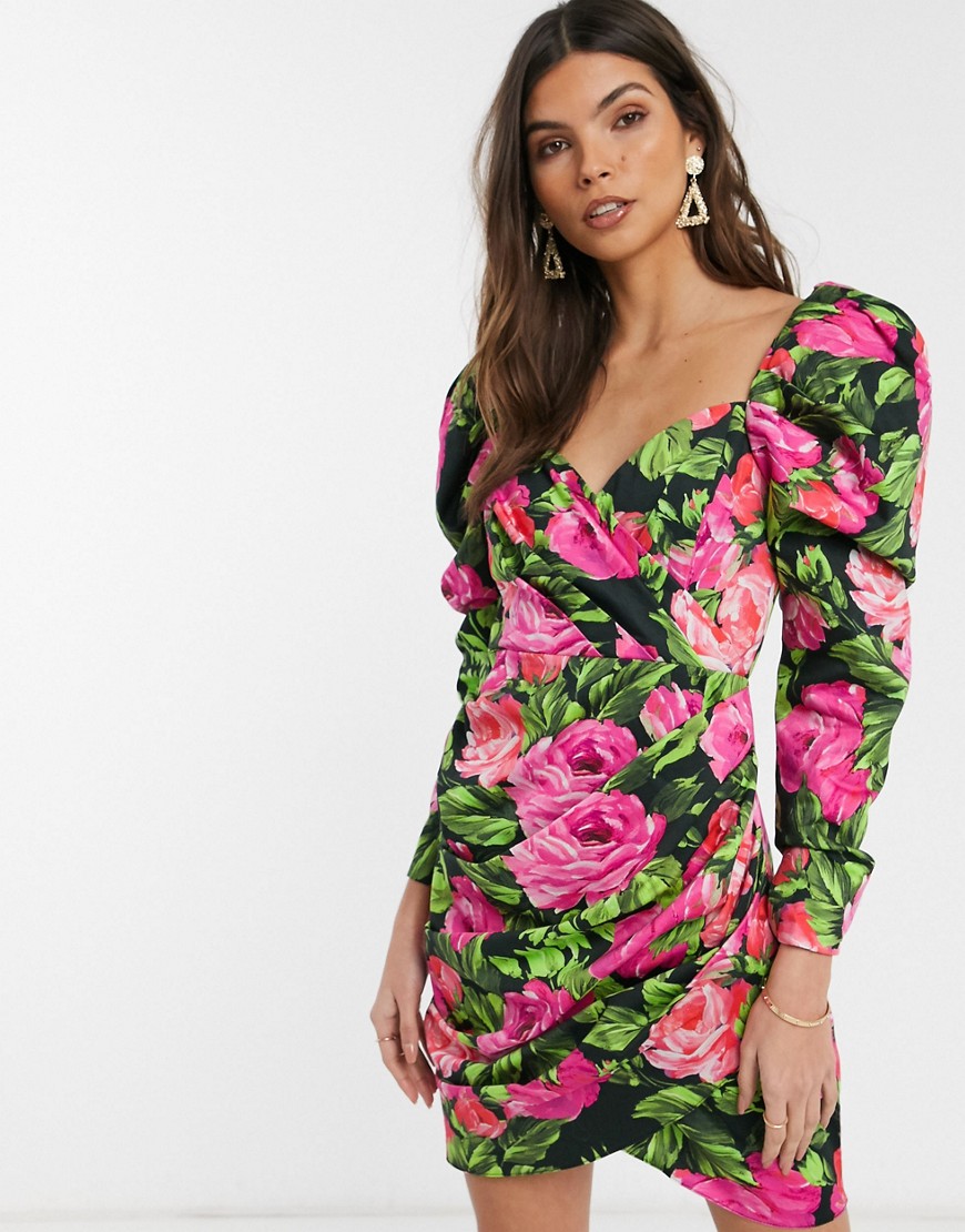 ASOS EDITION mini dress with puff sleeve in floral print-Multi