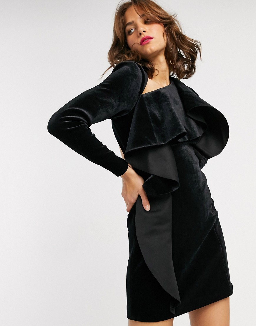 ASOS EDITION mini dress with ruffle front in velvet-Black
