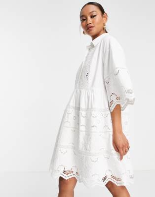 ASOS EDITION - Mini-Hemdkleid mit Cutwork in Weiß