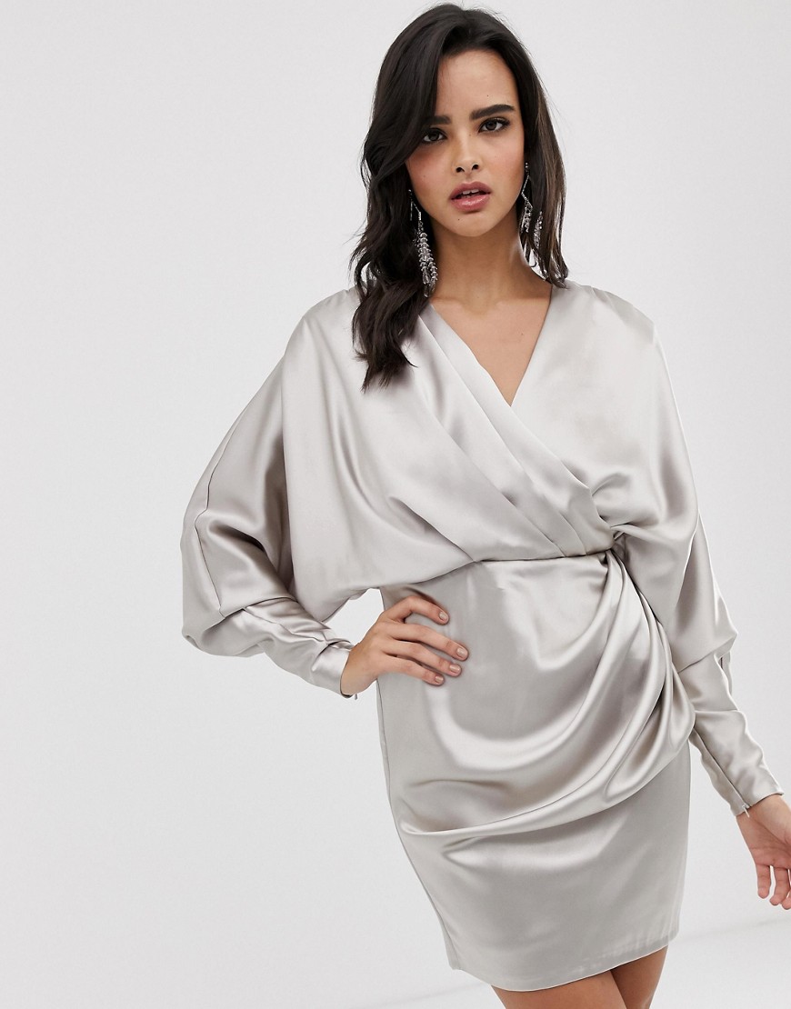 ASOS EDITION - Mini-jurk met gedrapeerde overslag van satijn-Zilver
