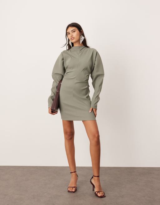 ASOS EDITION - Mini jurk met gestructureerde mouw en plooi in kakigroen