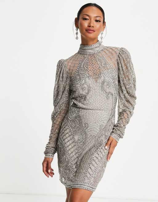 ASOS EDITION - Mini-jurk met kristallen en blousonmouwen in vaal grijs