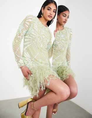 ASOS EDITION - Mini-jurk met parels en lovertjes in sterrenpatroon en imitatieveren aan de zoom in pastelgroen