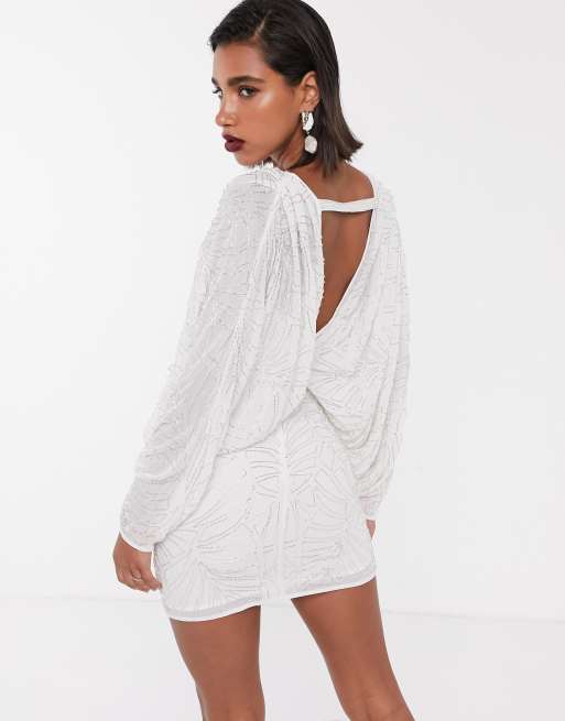 ASOS EDITION - Mini-jurk met vleermuismouwen, open achterkant en bladerversiering