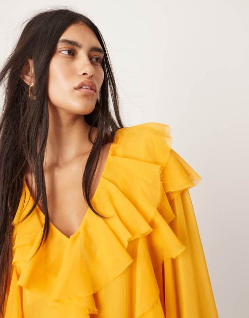 ASOS EDITION - Mini jurk van chiffon met onafgewerkte rand en ruches in oranje , 3 van 4