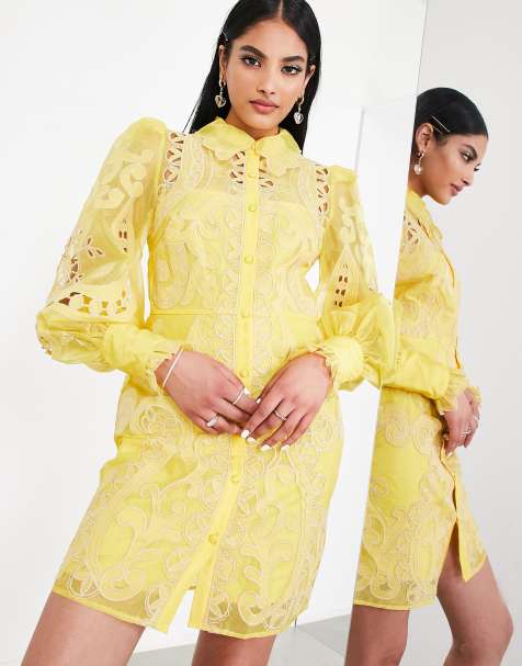ASOS EDITION - Mini overhemdjurk van geborduurd organza in geel - view 1