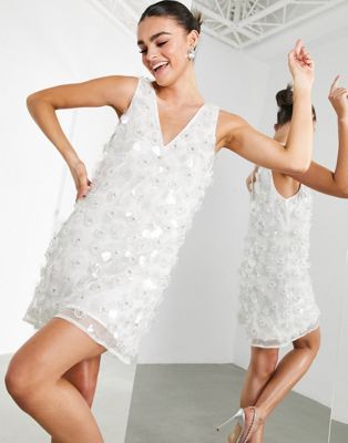 ASOS EDITION mini shift dress with 3D floral embellishment in white - ASOS Price Checker