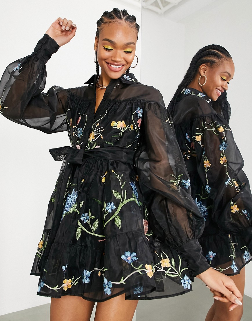 Asos Design Mini Shirt Dress In Organza With Floral Embroidery-black