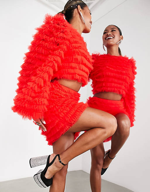 ASOS EDITION blouson crop top & mini skirt in tulle in bright red