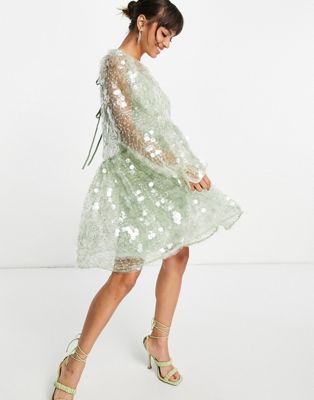ASOS EDITION mini smock dress in embroidered sequin in mint green - ASOS Price Checker