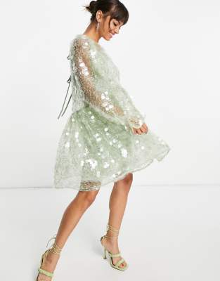 ASOS EDITION mini smock dress in embroidered sequin in mint green - ASOS Price Checker