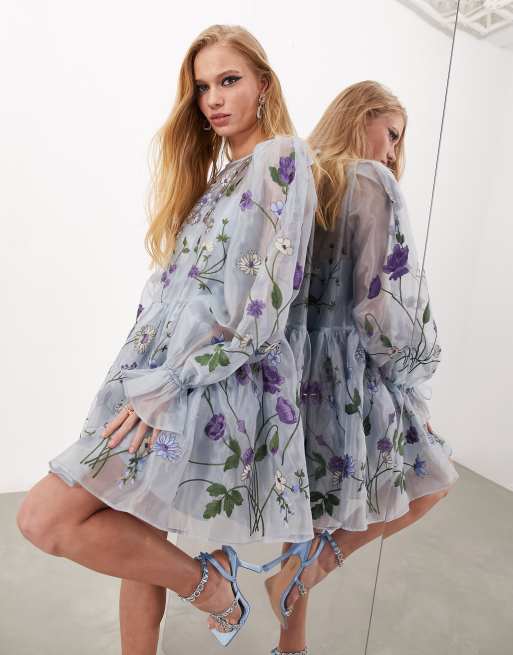 Asos floral cluster embellished store balloon sleeve mini dress