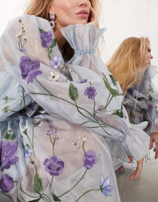 ASOS EDITION mini smock dress in organza with embroidered meadow floral in  blue | ASOS