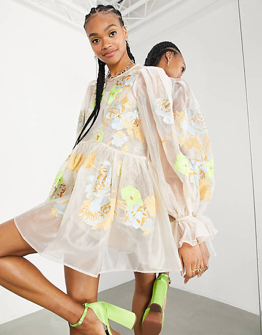 Designer Brands mini smock dress in organza with embroidered neon floral in blush 