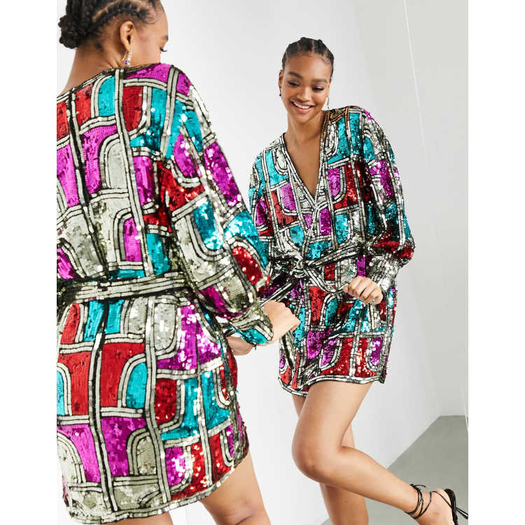 knee length dresses for ladies Asos Edition Sequin Wrap Midi Dress In Floral Print main image 0