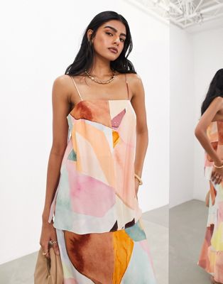 Asos Design Minimal Skinny Strap Cami In Abstract Crystal Print - Part Of A Set-multi