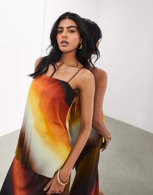 Asos Design Minimal Skinny Strap Cami Top In Ombre Sunset Stripe - Part Of A Set-multi